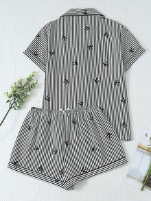 2pcs Comfortable Blue Striped Heart Collar Button Short Sleeve Top With Pocket And Bow Shorts Pajama Set, Suitable For Home Wear, Spring/Summer - Black - View 2