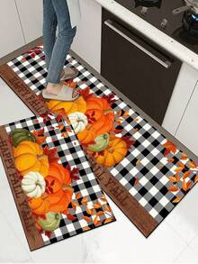 1pc Silicone Mud Kitchen Mat, Black & White Plaid With Multicolored Pumpkin & Autumn Leaf Pattern, American Countryside Style, Shock-Absorbing Anti-Fatigue Kitchen Mat, Approx 3mm Thick, Water-Absorbing, Simple Silicone Rubber Mat For Kitchen, Bathroom, Entryway, Laundry Room, Etc. - Multicolor - View 12
