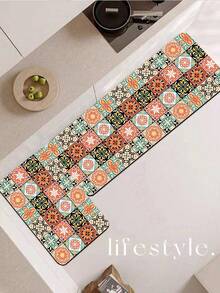 1/2片装硅胶厨房垫，高端田园风格撞色拼接图案，奢华时尚风格，缓冲防疲劳厨房地毯，厚度约3毫米，吸水性强，简约硅胶软橡胶垫，适用于厨房、浴室、玄关、洗衣房、书房、客厅等空间。 - 彩色 - 查看 10