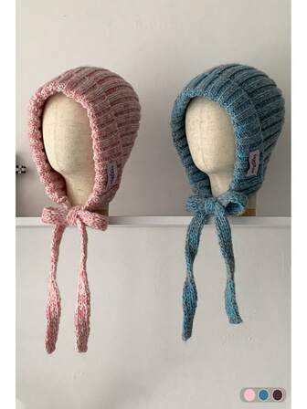 Vintage Cute Ear Protection Mixed Color Knitted Aviator Hat, Women's Winter Braided Tie-Up Petite Knitted Beanie, Handmade Knitted Warm Headband Cap, Autumn/Winter