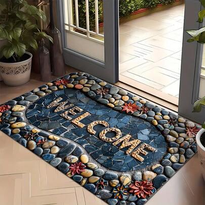 Welcome Stone Design Door Mat - Non-Slip, Easy Clean, Stain Resistant, Machine Washable Flannel Rug For Living Room, Bedroom, Kitchen, Office & Vacation Home Decor