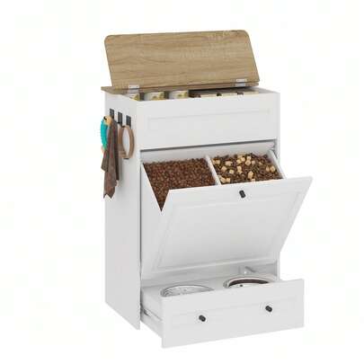 Advwin Dog Feeding Station With Storage Cabinet, Hidden Elevated Bowls For Medium & Large Dogs, Dog Food Cabinet Organizer With Slow Feeder, Stainless Steel Dog Bowls & Hooks For Pet Supplies