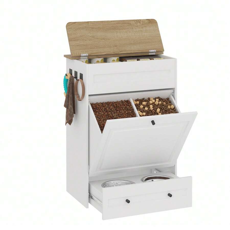 Advwin Dog Feeding Station With Storage Cabinet, Hidden Elevated Bowls For Medium & Large Dogs, Dog Food Cabinet Organizer With Slow Feeder, Stainless Steel Dog Bowls & Hooks For Pet Supplies - 白色 - 查看 1