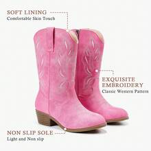 Cowgirl Boots For Little Girls Mid Calf Pointed Toe Kid Cowboy Boots Side Zipper Classic Embroidered Western Boots Horse Riding Shoes Party For Toddler Little Big Kids - 粉色 - 查看 6