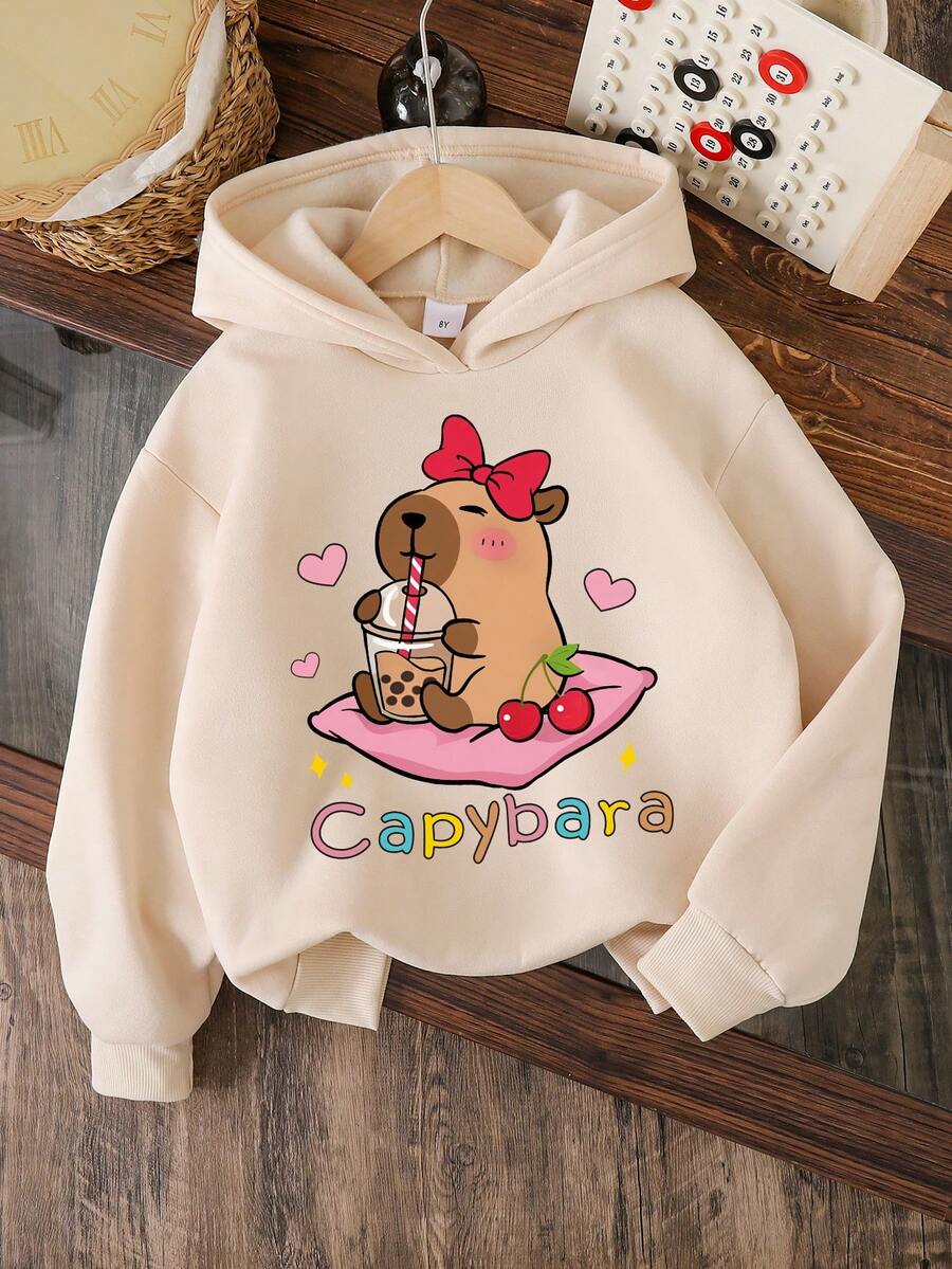 Toddler Capybara Pattern Warm Hooded Sweatshirt - Apricot - View 1