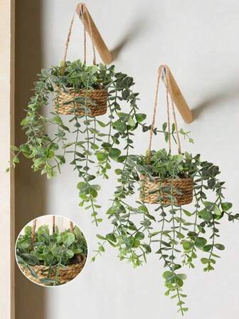 1/2pcs Hanging Straw Stool With Eucalyptus Leaves, Hanging Straw Stool With Eucalyptus Leaves, Made Of Polyester Fiber Grass, Artificial Plants, Green Decorations, Year-Round Decorations, Spring And Summer Decorations, Suitable For School Dormitories, Office Decoration, Parties, Birthdays, Home Decoration, Hotels, Restaurants, Living Rooms, Bedrooms, Weddings, Kitchens And Garden Decoration