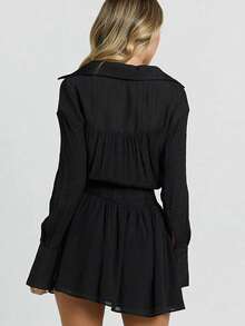 Women's Textured Pleated Flare Sleeve Casual Solid Color Shirt Dress - Black - View 7