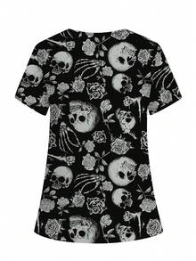 cimmuovere Women's Scrubs V-Neck Short Sleeve Skull Print Scrubs Nurse Scrubs Workwear Dentist Healthcare Pet Hospital Laboratory Top, Halloween Clothes Black Spring - Black - View 2