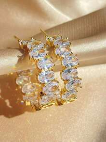 Rakol 2pcs Cubic Zirconia Hoop Earrings - 金白色 - 查看 4