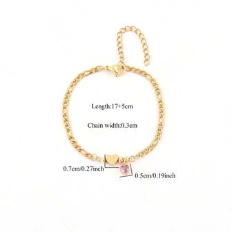 1pc Vintage Fashion Heart Letter Red Crystal Gold Stainless Steel NK Chain Bracelet, Women