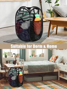 Collapsible Pop-Up Laundry Hamper Basket: Features Sturdy Handles & Side Pocket, Breathable Mesh & One-Second Pop-Up/Collapse Design.  For Efficient Dirty Clothes Storage & Easy Transport.  Perfect For Dorm Rooms, College Life, Laundry/Bathroom Organization, Travel & Small Spaces.  Ideal For Students, Travelers, Space-Saving Homes.  Black. - 黑色 - 查看 6