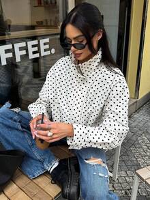 MUMRAP Women Casual Polka Dot Long Sleeve Loose Jacket Autumn Fashion Stand Collar Zipper Coat - trắng - Xem 7