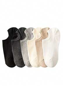6 Pairs Women's Assorted Color Invisible Boat Socks, Minimalist Style Socks For Girls, Ribbed Texture Detail, Snug Fit Non-, Suitable For Daily Wear With Flats, All Season, Random Colors