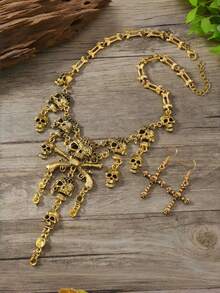 Halloween Party Jewelry Set: Pirate Skull Tassel Necklace, Cross Skull Necklace Set, Casual Party Accessories - Antique Silver - View 3