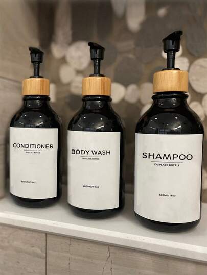 Shampoo And Conditioner Dispenser-Set Of 3-16 Oz Reusable Pump Bottle Dispenser For Bathroom With 3 Waterproof Stickers - Empty Plastic Refillable Containers For Shower