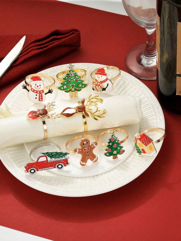 1/6pcs Creative Christmas Series Napkin Rings, Hotel Tableware Snowman & Christmas Tree Napkin Rings Decorations