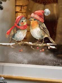 1 PIEZA Pegatinas de ventana con pájaros de estilo art decó navideños, calcomanías de ramas de bayas rojas para vidrio, pegatinas decorativas de plástico autoadhesivas, decoración festiva para el hogar, motivos de pájaros con gorro de Papá Noel de un solo uso, decoraciones navideñas para habitación, decoración de pared, pegatinas de pared, pegatinas de pared decoraciones navideñas para el hogar