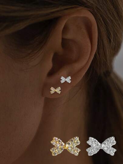 1 peça de brincos de prata esterlina S925 com laço requintado e diamantes completos para mulheres, adequados para uso diário, elegantes e versáteis, e um excelente presente para namoradas, mães e irmãs.