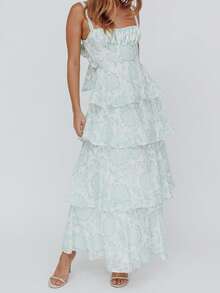 Women's Summer Long Cami Dress Sleeveless Open Back Tiered Flower Print Beach Dress - Turquesa - Ver 3