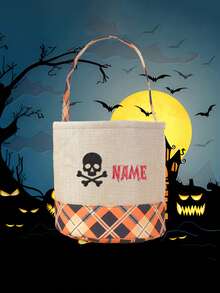Personalized Embroidery Halloween Pattern Name Halloween Imitation Grid Storage Basket Fun Shopping Center Amusement Park Indoor And Outdoor Decoration Props Accessories Gifts Not Given Sugar Bag Handbag Candy Bag Multi Functional Storage Basket Short Distance Travel Bag - Multicolor - View 9