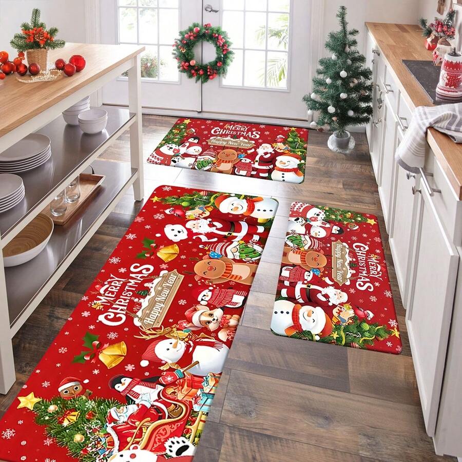 1/2/3pcs Christmas Kitchen Rug Set, Featuring Santa Claus, Snowflakes And Holiday Vibes - Machine Washable, Durable, Non-Slip, Suitable For Kitchen Floor