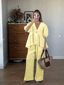 女式两件套：泡泡袖斜领衬衫和松紧腰口袋裤，轻盈半透明面料，休闲优雅，适合晚间、海滩、婚礼、花园、街头 - 黃色 - 查看 2