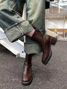 Fall/Winter Stretchy Ankle Boots, New Commuter Style Leather Square Toe Chunky Heel Back Zipper Skinny Boots,Elegant
