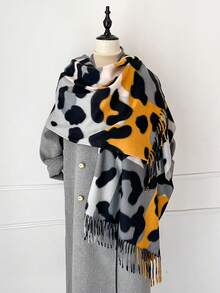1 pieza Nuevo estilo de imitación de cachemira Chal grande con estampado de leopardo colorido y cálido, chal/manta versátil y de moda con flecos cortos para mujer, perfecto para viajar, fiestas, salas con aire acondicionado y regalo familiar para vestir en otoño e invierno - Estampado de leopardo colorido - Ver 16