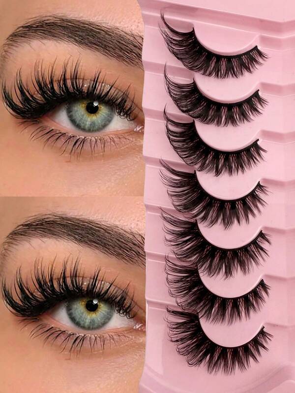 7 أزواج من رموش القطة ذات الشكل المطول عند الزوايا الخارجية، سميكة ومنحنية، رموش صناعية ناعمة وريشية، قابلة لإعادة الاستخدام، مناسبة للمبتدئين، أدوات تمديد الرموش، مثالية للخروجات اليومية والمواعيد والحفلات، أزواج رموش طبيعية.