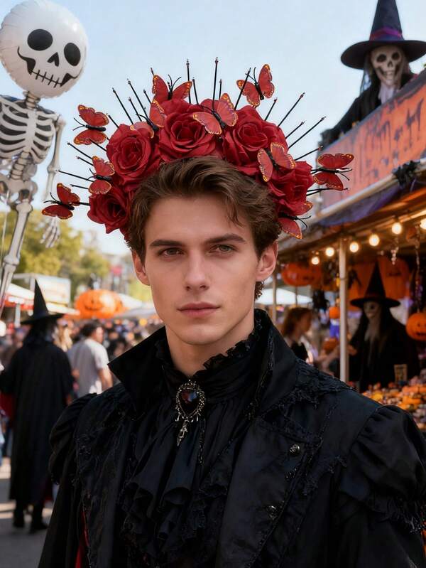 1 buc. Bentiță de Halloween cu flori și fundă cu strasuri și decor 3D cu trandafir