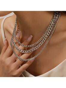 3 piezas Collar de geometría plateada de estilo vintage punk minimalista casual, adecuado tanto para hombres como para mujeres, para uso diario, vacaciones, festivales de música, aniversario, regalo de pareja