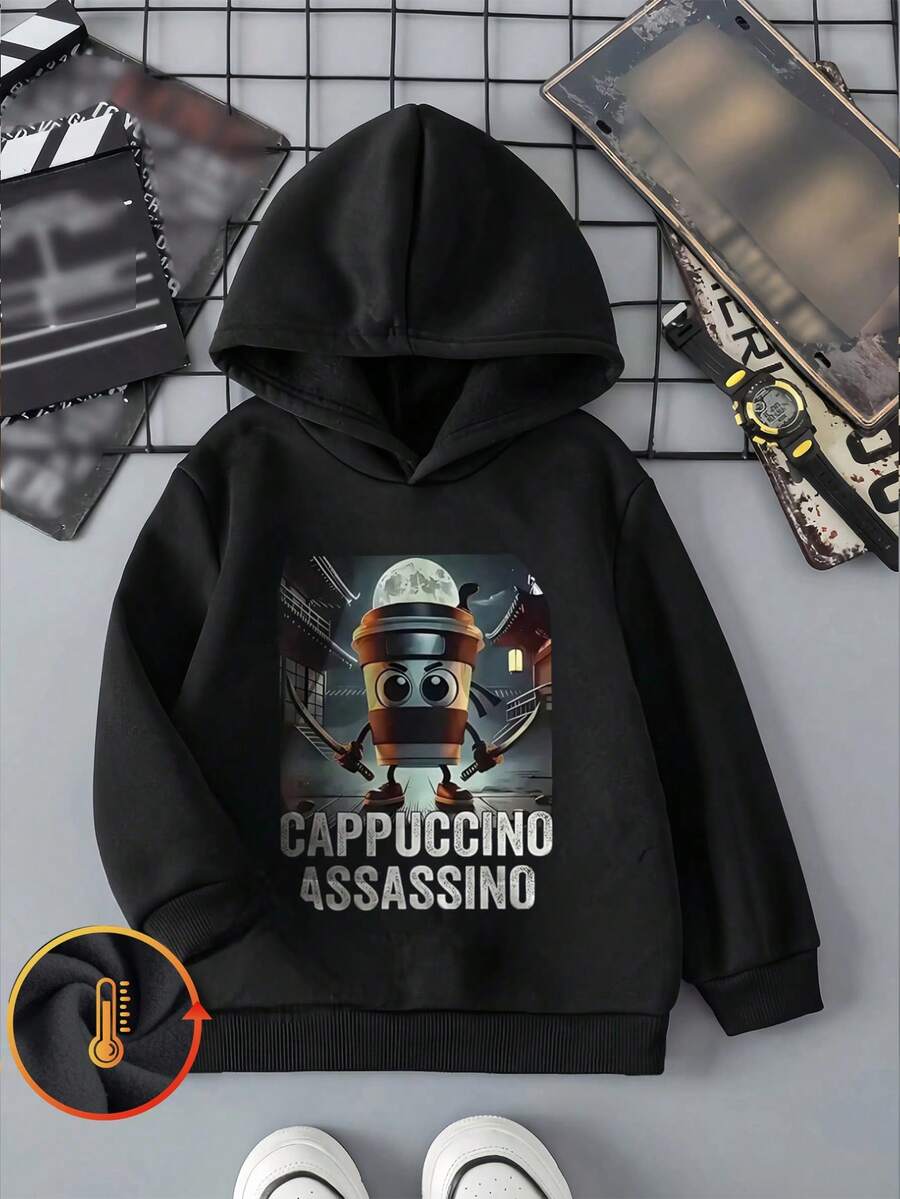 Boys' Shoulder Sweatshirt Curve Oversize Sweatshirt, Animated Cartoon Image, Casual And Versatile Autumn And Winter Thick Fabric Warm Fleece Lining Hooded Shirt Loose Street College Style Long Sleeved Suitable For Cold Weather Clothing Cotton Children's Clothing With Plush Comfort - Black - View 1