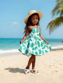 年轻女孩度假休闲优雅绿叶印花吊带连衣裙，夏季 - 彩色 - 查看 6