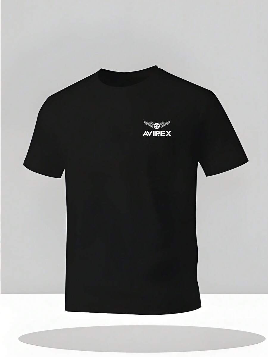 1pc Men'S Summer Casual Short Sleeve T-Shirt - AVIREX Logo & Geometric Print, Soft Breathable Machine-Washable Round Neck Tee, Regular Fit For Daily Wear & Gift Idea, Comfortable Clothing, Modern Casual Style, Soft Fabric Shirt - 黑色 - 查看 1