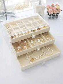 1 Acrylic Velvet Three-Layer Drawer Jewelry Box, C/D/E Jewelry Tray, Acrylic Jewelry Storage Box, Three-Layer Velvet Lined Display Cabinet, Stackable Storage, With Crystal Knob, Jewelry Box, Antioxidant Large Capacity, High-End Exquisite Earrings, Earrings, Necklace, Jewelry Storage Box, Jewelry Display Box, Acrylic Cosmetics Box