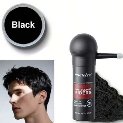immetee 28g Hair Fiber Powder + Applicator - Volumizing Powder To Conceal Thinning Hair & Gray Roots, Natural Coverage, Black