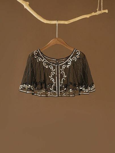 Elegant Sequin & Beaded Lace Flapper Shawl - Lightweight, Shiny Embellishment For Evening Gowns - Luxurious Decorative Wrap For Women, Perfect For Party