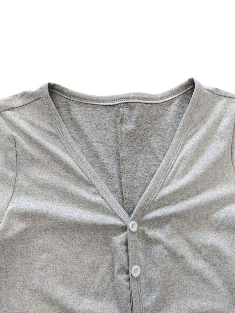 V领纽扣设计长袖紧身连体裤，时尚休闲，新款秋冬，女士秋季服装，女士连体裤 - 灰色 - 查看 6