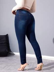 Women's Fall Winter  Slim Fit Pants Long Skinny Denim Jeans With Pockets And Zipper For Everyday Casual Style - Dark Wash - View 2