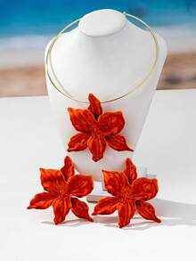 Bộ 3 chiếc/Bộ dây chuyền mặt hoa cỡ lớn bằng kim loại màu cam phong cách Bohemian thanh lịch, bộ trang sức hoa tai dành cho nữ, phù hợp để đeo hàng ngày và ngày lễ - trái cam - Xem 2