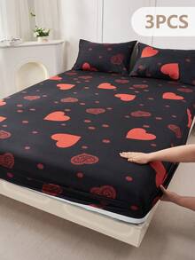 2/3pcs Printed Fitted Sheet Set, Bedding, Bed Sheets Set, Christmas Decorations, Soft And Comfortable Bedding, Skin-Friendly Bed Cover Set, Hallowen Decor, Fall Decor, Mattress Protector For Bedroom, Room Decor, For All Season, Fits Twin Full King Queen Size Bed, 1 Fitted Sheet And 2 Pillowcases, Machine Washable - 黑色愛心 - 查看 9