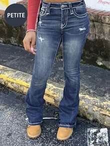 2025 New Fashion Petite Women Skinny Denim Flared Pants, Versatile & Ankle Length - Dark Wash - View 5