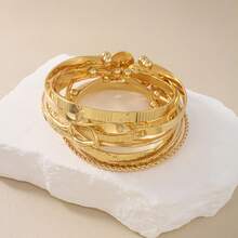 12 Stück/7 Stück/5 Stück Vintage breites Armband Set, minimalistische geometrische offene Armreifen in Gold- und Silberfarben - Gold - Übersicht 7