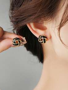 2pcs Maillard Earrings, Beige & Gold Color Earrings For Women, Unique Design, Retro French Style, Warm Color Elegant Earrings - Black - View 4