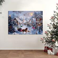 1pc Solid Wood Frame Christmas Snow Scene, Cozy Home, Classic Romantic Style Theme Canvas Posters & Prints, Large Canvas Wall Art, 2D Flat, Easy Hang Tabletop Or Wall Display, For Halloween, Christmas Gifts, Bedroom, Living Room, Decoration Ready To Hang - 彩色 - 查看 3