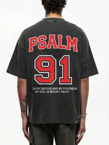 1 PCS Christian "Psalm 91" Graphic Tee: Featuring Bold "PSALM 91" Letter Prints, Biblical Verse "HE IS MY REFUGE AND MY FORTRESS, MY GOD, IN WHOM I TRUST", And A Distressed Vintage Finish, Perfect For Infusing Spiritual & Nostalgic Vibes Into Outfits During Christmas Celebrations, Church Events, Or Daily Wear. Ideal For Fans Of Religious Inspirations And Retro Style, Christmas & Halloween & Thanksgiving Day & Valentine's Day & Pride & Father's Day & Easter & Mother's Day & New Year & Spring Festival, Men's Round Neck Printed Short Sleeve Casual Everyday T-Shirt, They Are Excellent Gifts For Friends And Family, 100% Cotton T-Shirts Feature, A Youthful And Fashionable Design, Graphic Tees Men, Graphic Tees Women, Cachorro Feliz, Back To School - 黑色 - 查看 3