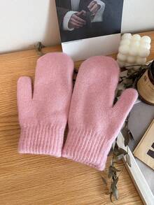 1 Pair Women's Solid Color Rabbit Thermal Lined Double-Layer Thick Knitted Fingerless Gloves, Suitable For Parties, Driving, Cycling, Hiking, Running, Keeping Warm In Cold Weather