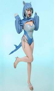 Mobbunny Women Shark Costume Sexy Cosplay Bodysuit Gray Cutout Bodycon Tube Top Romper And Hoodie Outfit With Tail - ColorA - 查看 2