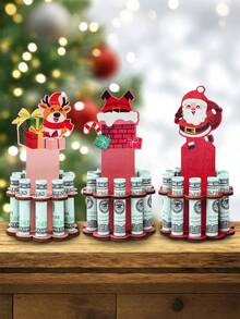 3pcs Christmas Wooden Money Holder Decoration Ornament, Charming Christmas Chimney Old Man Elk Pattern Wooden Money Holders, Festive Ornament Money Dispenser For Winter Holiday Party Decor, Christmas Ornament Money Holder