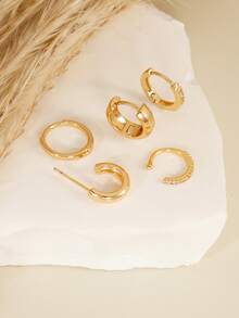 5pcs Elegant Gold-Tone Earring Set, Cubic Zirconia Inlaid, Includes Clip-On And Multiple Earrings, Stackable, Women Jewelry - Yellow Gold - View 2